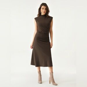 NWT OGL Move Brown Mock Neck Tuck Midi Dress Sleeveless Stretch S